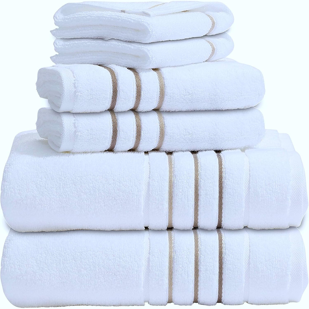 Bath Towels Set for Bathroom – Luxury 6-Piece Cotton Towels, Soft Absorbent & Quick Dry, 600 GSM Bath Towels for Bathroom, Hotel Spa Quality (White/Taupe, 6- Bath Towel Set)