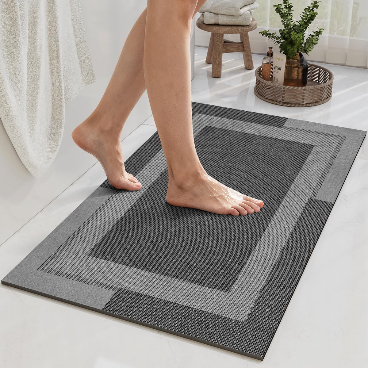 YDKGL Non Slip Bath Mat Thin Bathroom Rugs Fit Under Door Dark Grey 16"x24"