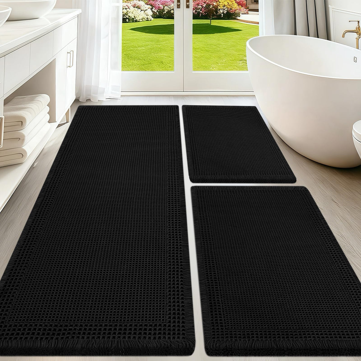 Upgraded Waffle Bath Mat Set 3 Piece Black-Looped, Super Absorbent Non-Slip Quick Dry Bathroom Rugs with Tassels, Machine Washable Ultra Soft Boho Bath Rugs for Floor, Toilet Mats Boho Farmhouse Decor