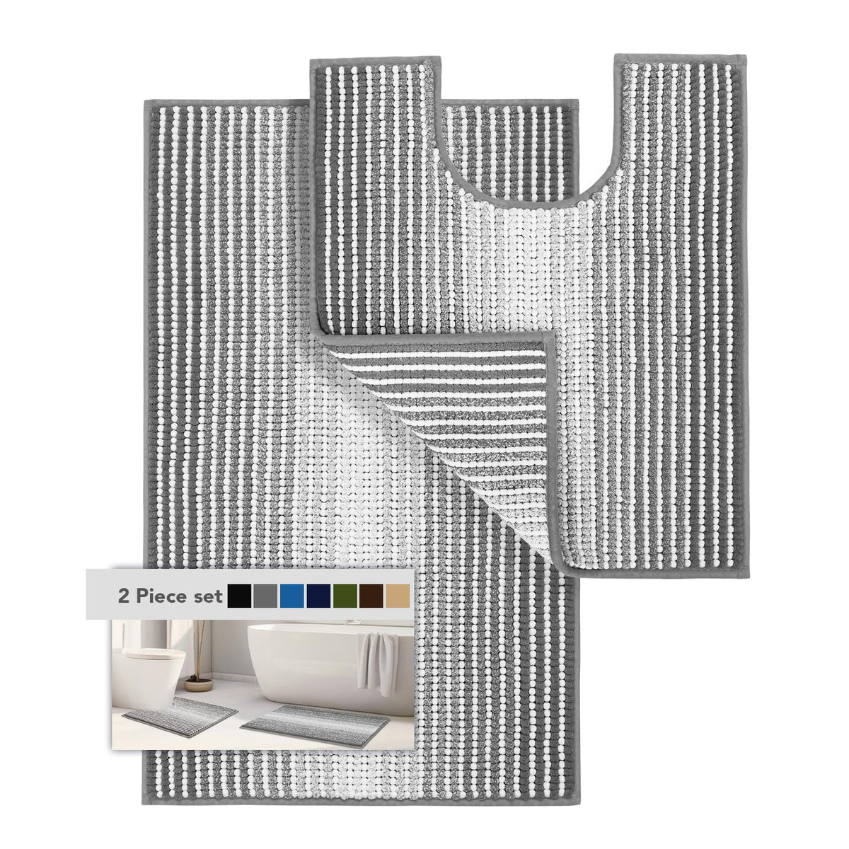 BSICPRO Bathroom Rugs Sets 2 Piece, Non Slip Striped Bath Mats, Aqua Green