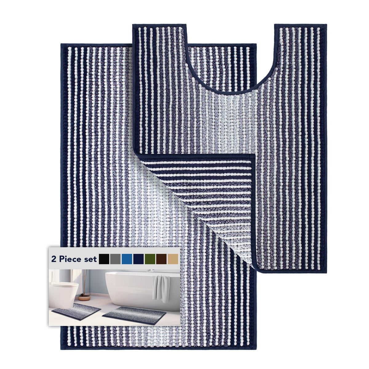 BSICPRO Bathroom Rugs Sets 2 Piece, Non Slip Striped Bath Mats, Aqua Green
