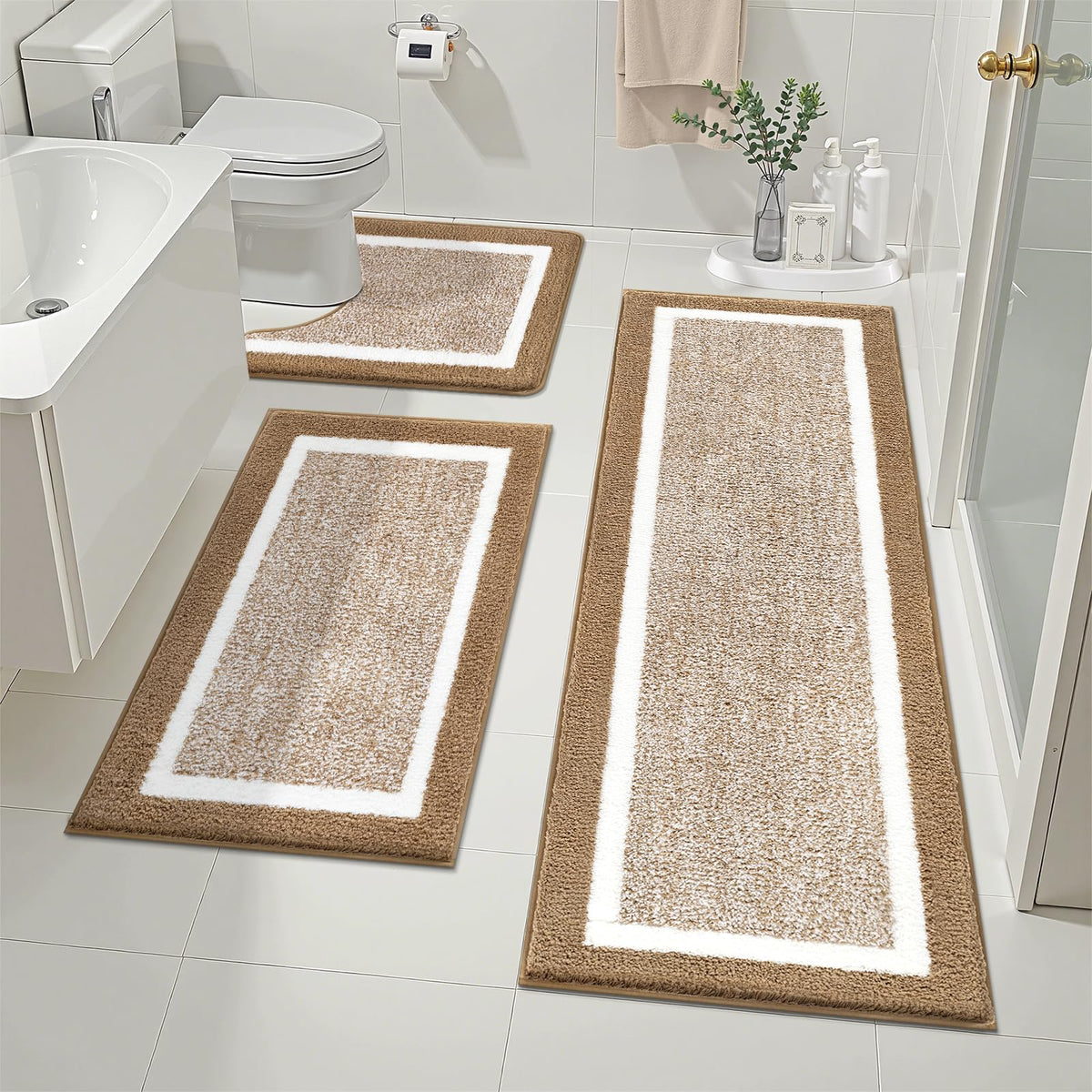 Pauwer Bathroom Rug Sets 3 Piece, Non Slip Washable Bath Mat, Black