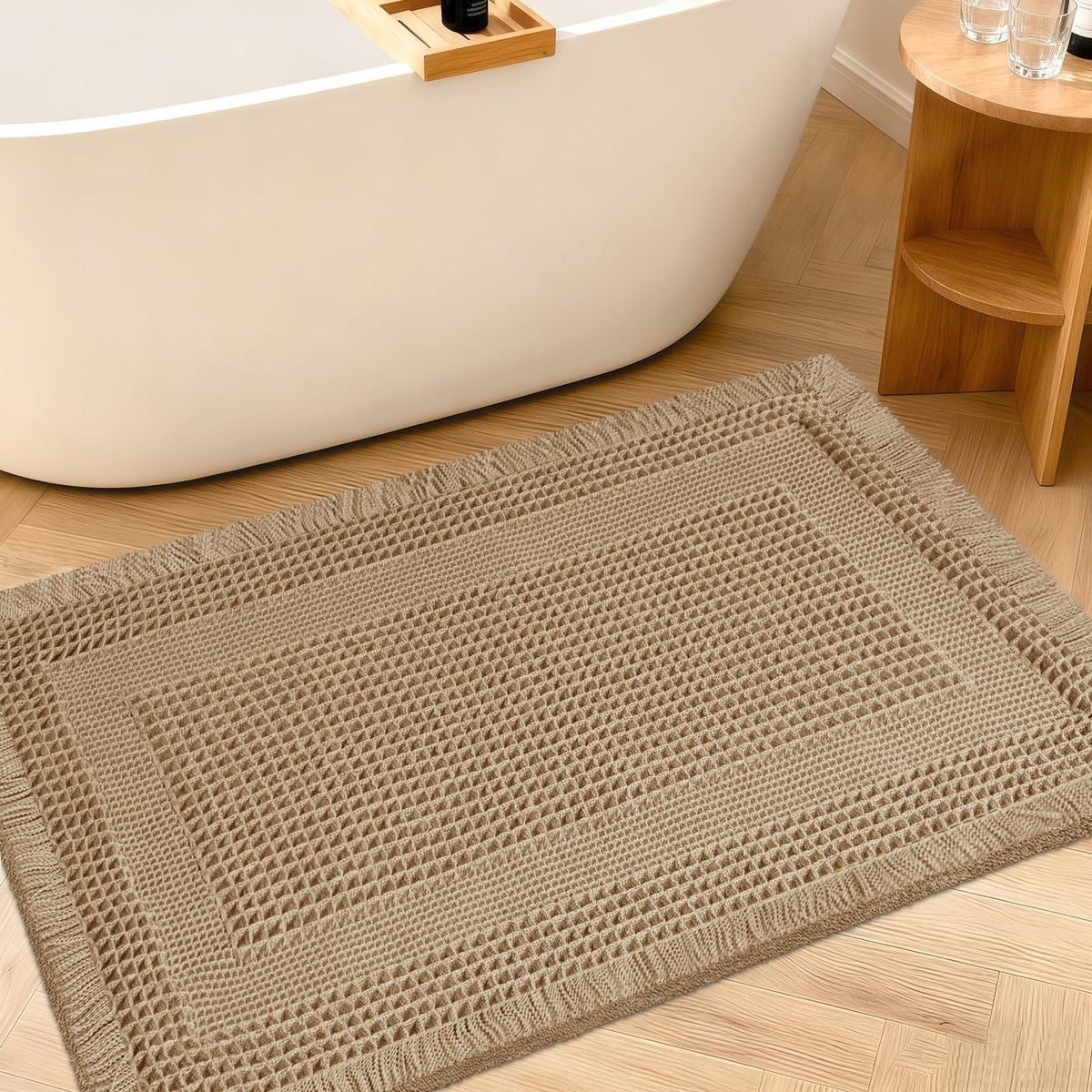 Upgraded Waffle Bath Mat Set 3 Piece Black-Looped, Super Absorbent Non-Slip Quick Dry Bathroom Rugs with Tassels, Machine Washable Ultra Soft Boho Bath Rugs for Floor, Toilet Mats Boho Farmhouse Decor