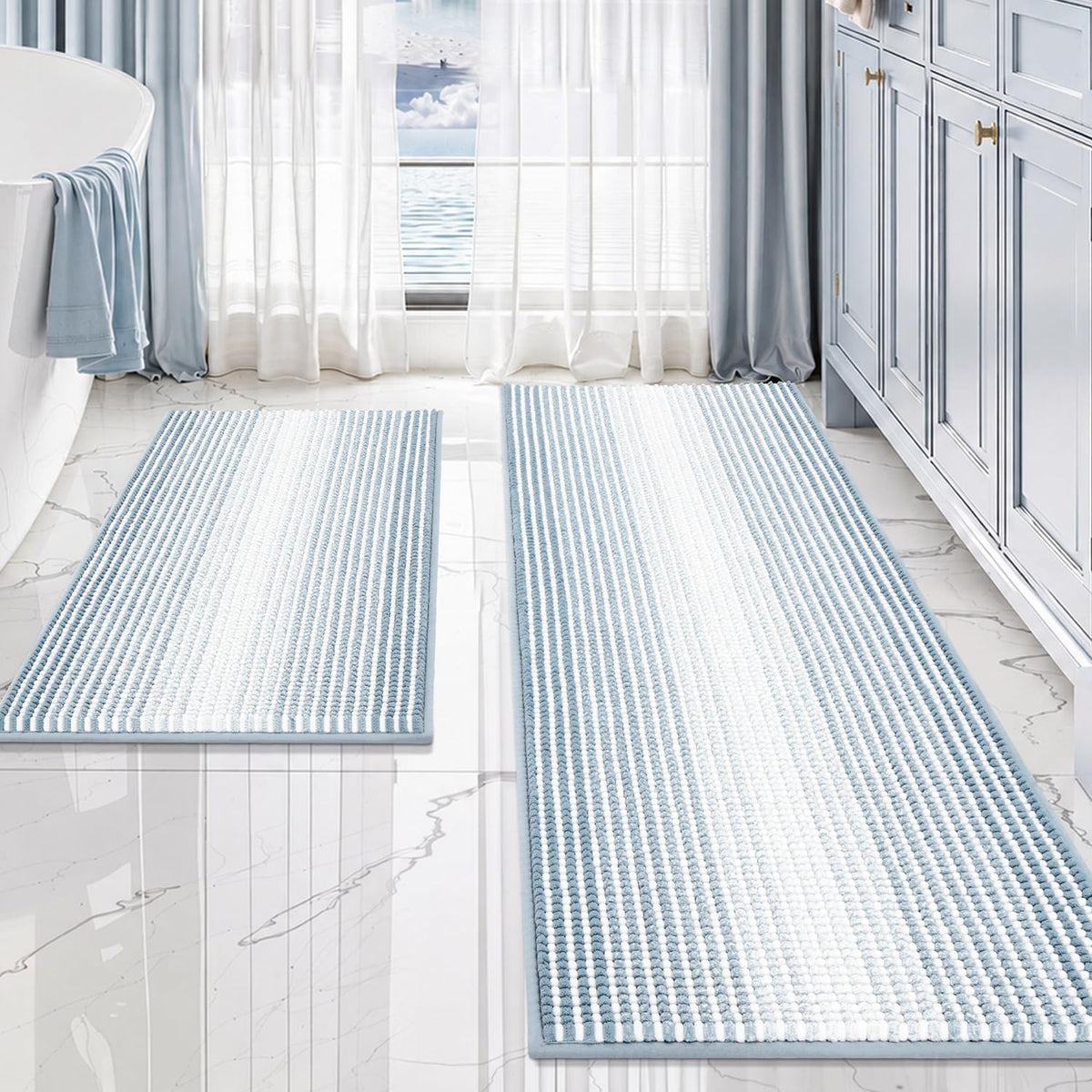 BSICPRO Bathroom Rugs Sets 2 Piece, Non Slip Striped Bath Mats, Aqua Green
