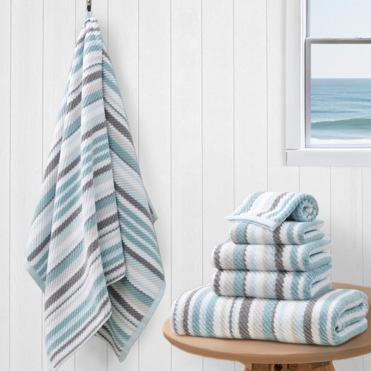VOOVA & MOVAS Yellow Bathroom Towels 3 Pack, 100% Cotton, Gray Striped