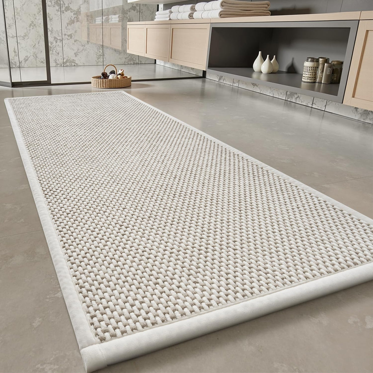 PADOOR-Bath Mat-Super Absorbent Chenille Bathroom Mats-Rubber Backed Bath Mats for Bathroom Non Slip, Easy Clean Bathroom Rugs Front of Bathtub,Shower Room,Sink-17×28, Beige&Cream