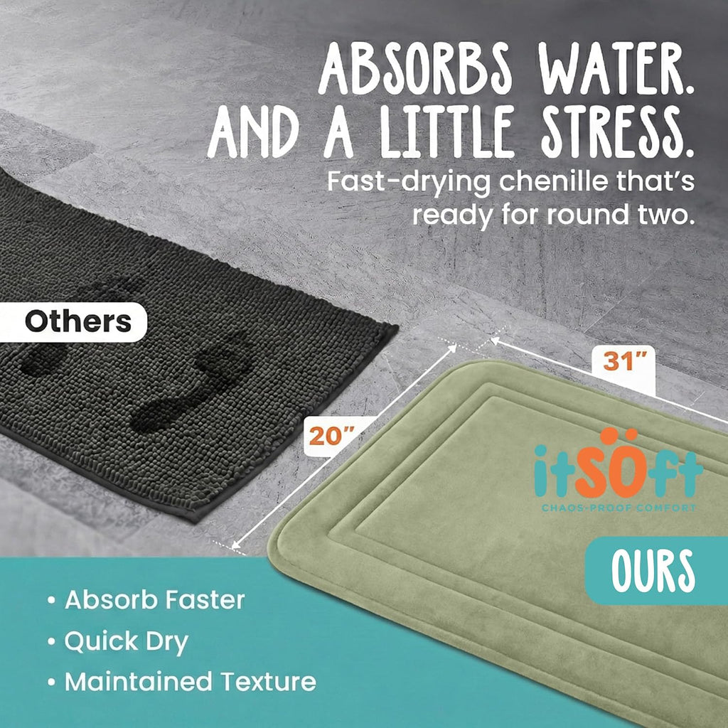 ITSOFT Memory Foam Bath Mat 31x20, Non Slip, Machine Washable, Quick Dry & Absorbent Rugs, Bath Mats for Bathroom Floor, Tub & Shower, Bathroom Rug, Sage Green