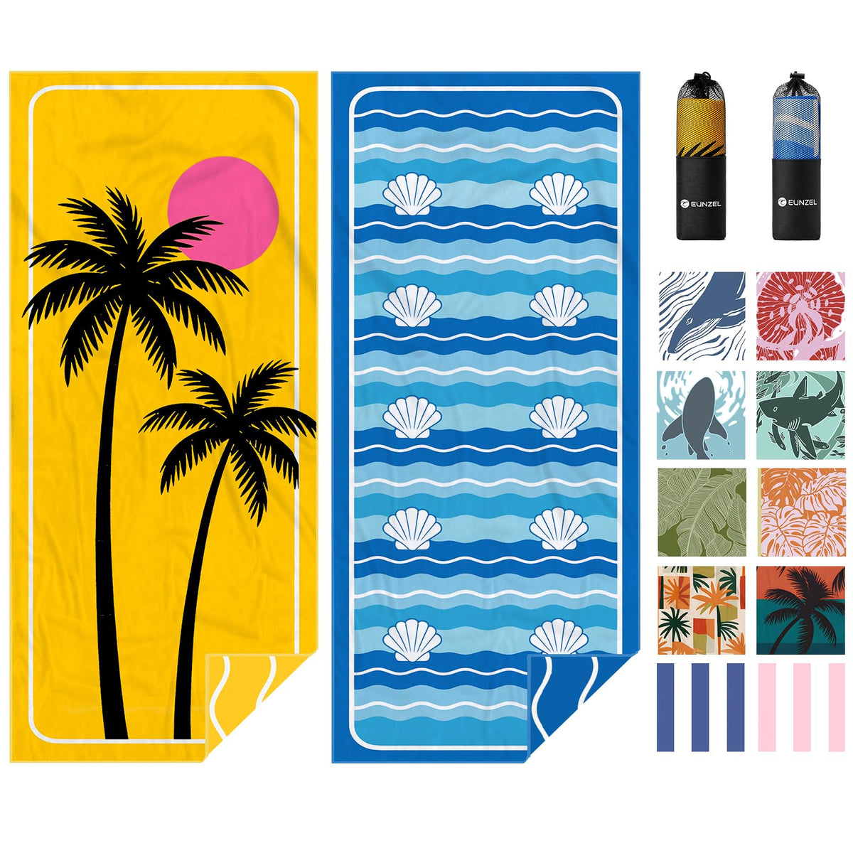 Eunzel 2 Pack Microfiber Beach Towel, Quick Dry Travel Towel Large Sand Free Towel for Beach, Camping, Swim Pool, Gym, Sports& Yoga 71"x32", Palm