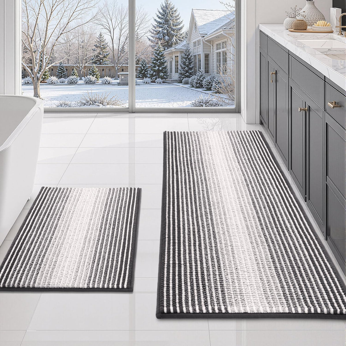 BSICPRO Bathroom Rugs Sets 2 Piece, Non Slip Striped Bath Mats, Aqua Green