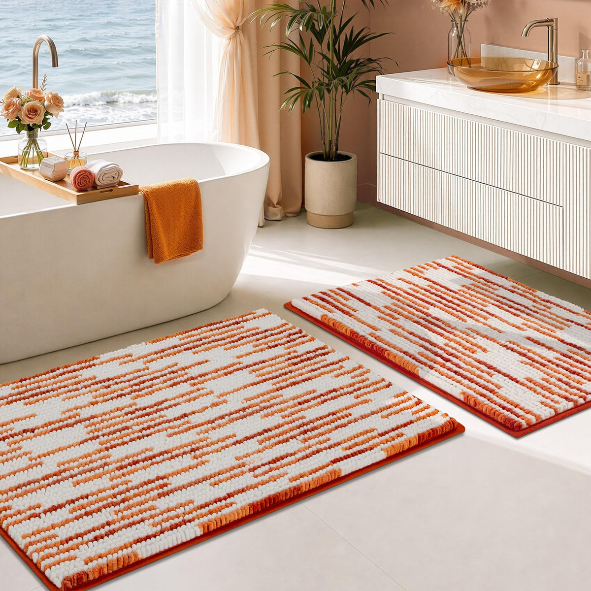 BSICPRO Bathroom Rugs Sets 2 Piece, Non Slip Boho Bath Mats, Beige
