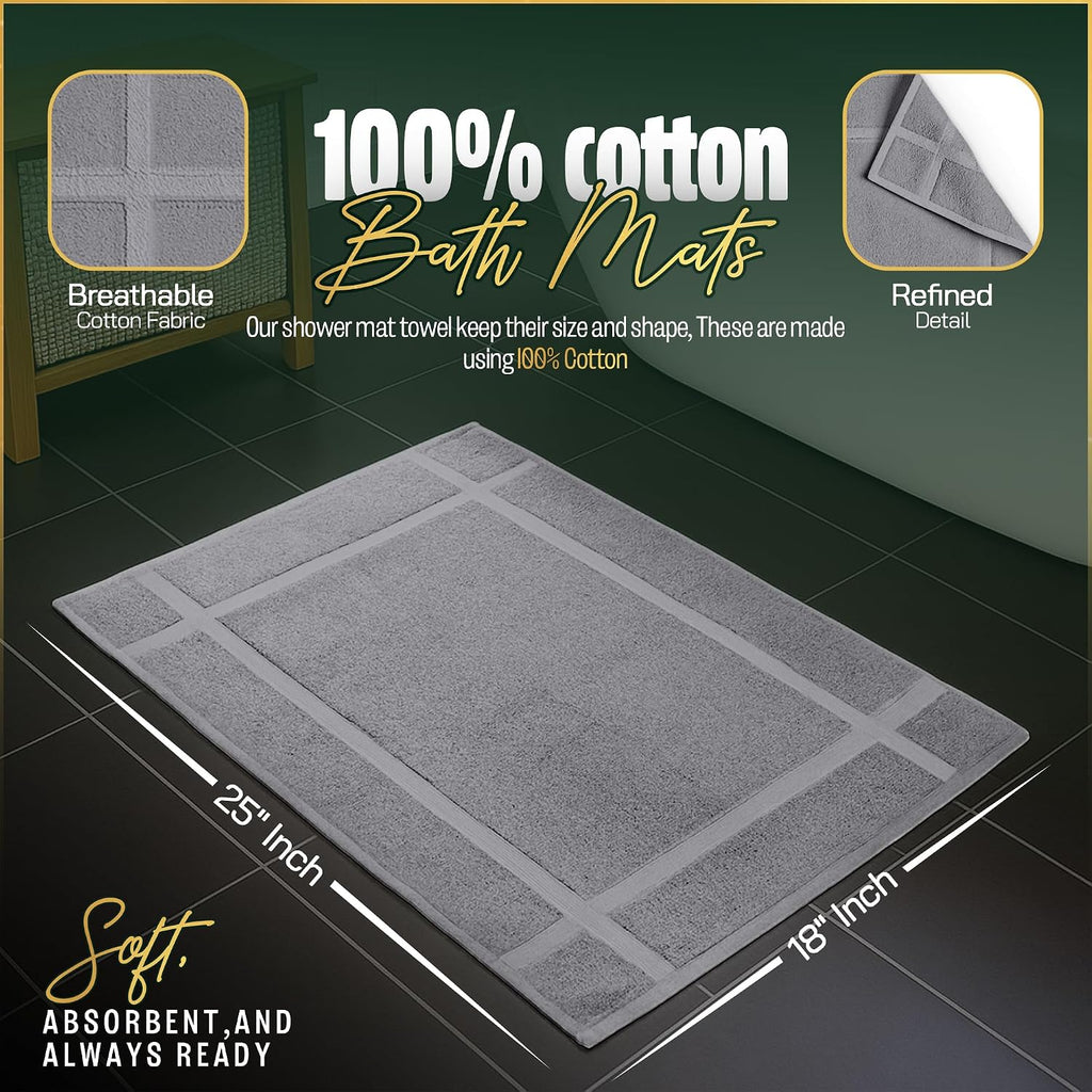 Pearl Linens 100% Ring Spun Cotton Bath Mat (Pack of 2) 18 x 25 Inch, Washable, Soft & Absorbent Terry Bathroom Floor Mat – Not Bathroom Rugs – Quick-Dry After Shower Bath Mat, 781 GSM, Light Grey