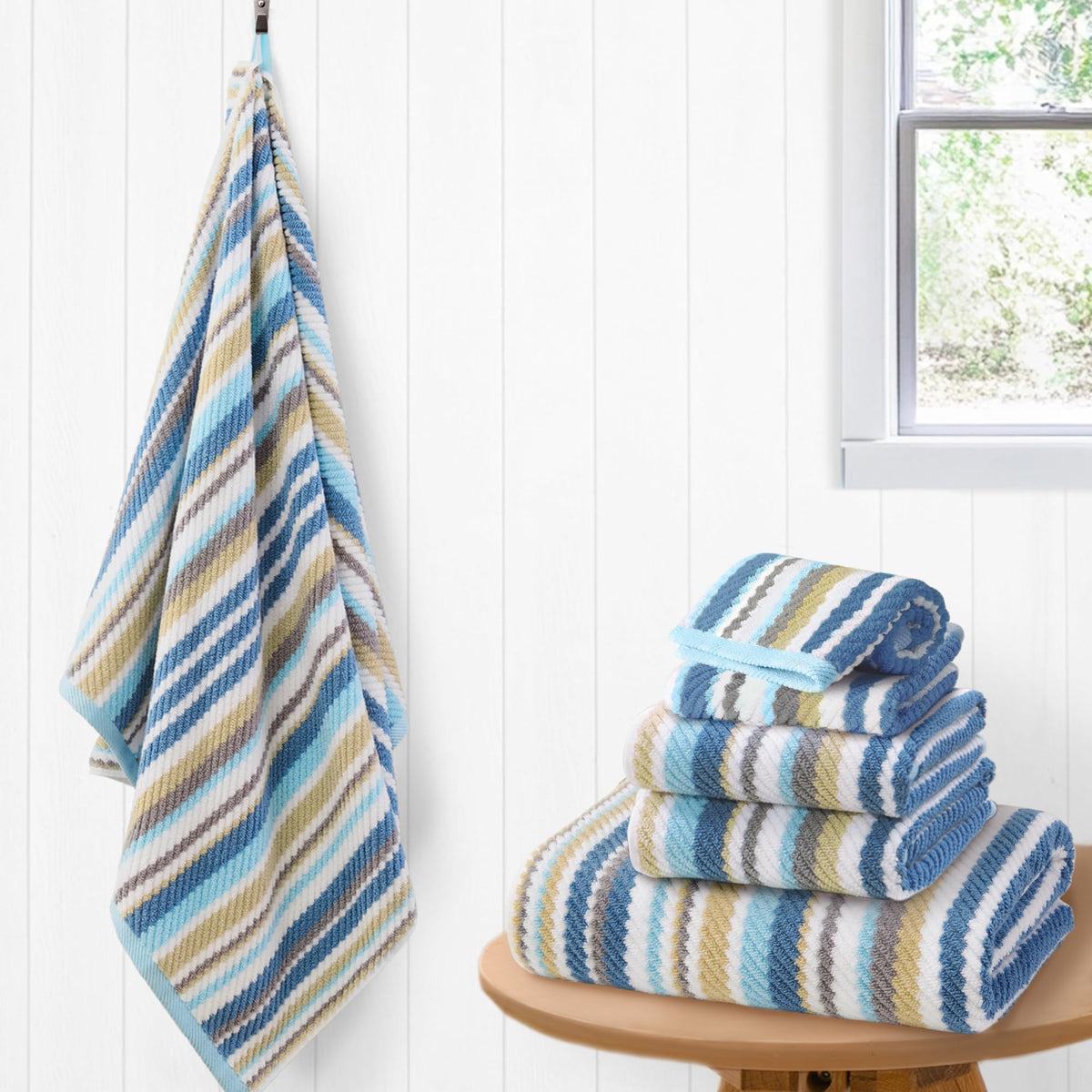 VOOVA & MOVAS Yellow Bathroom Towels 3 Pack, 100% Cotton, Gray Striped