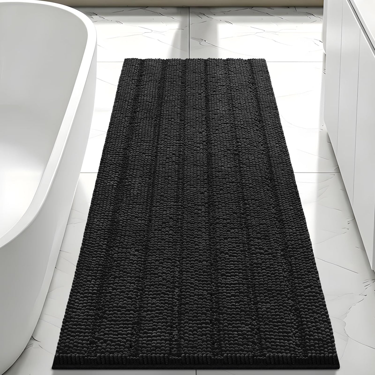 Bcoimo Small Bath Rug Mat,24x17 Chenille Non Slip Black Bathroom Floor Mats