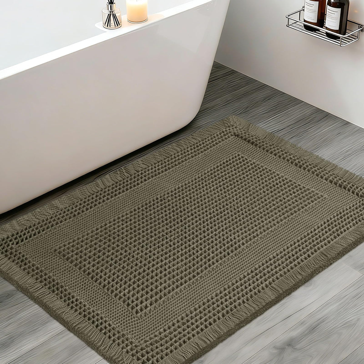 Upgraded Waffle Bath Mat Set 3 Piece Black-Looped, Super Absorbent Non-Slip Quick Dry Bathroom Rugs with Tassels, Machine Washable Ultra Soft Boho Bath Rugs for Floor, Toilet Mats Boho Farmhouse Decor