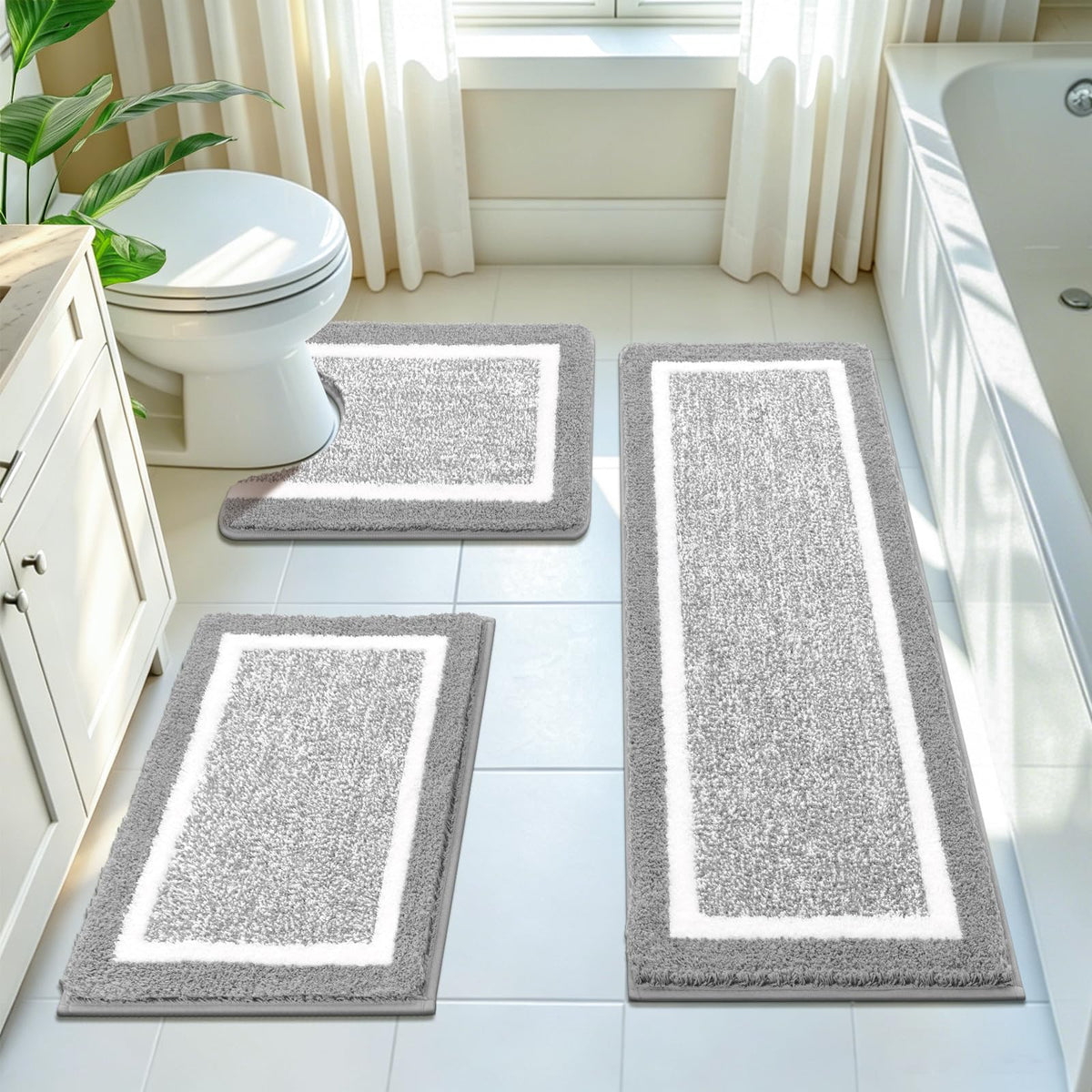 Pauwer Bathroom Rug Sets 3 Piece, Non Slip Washable Bath Mat, Black