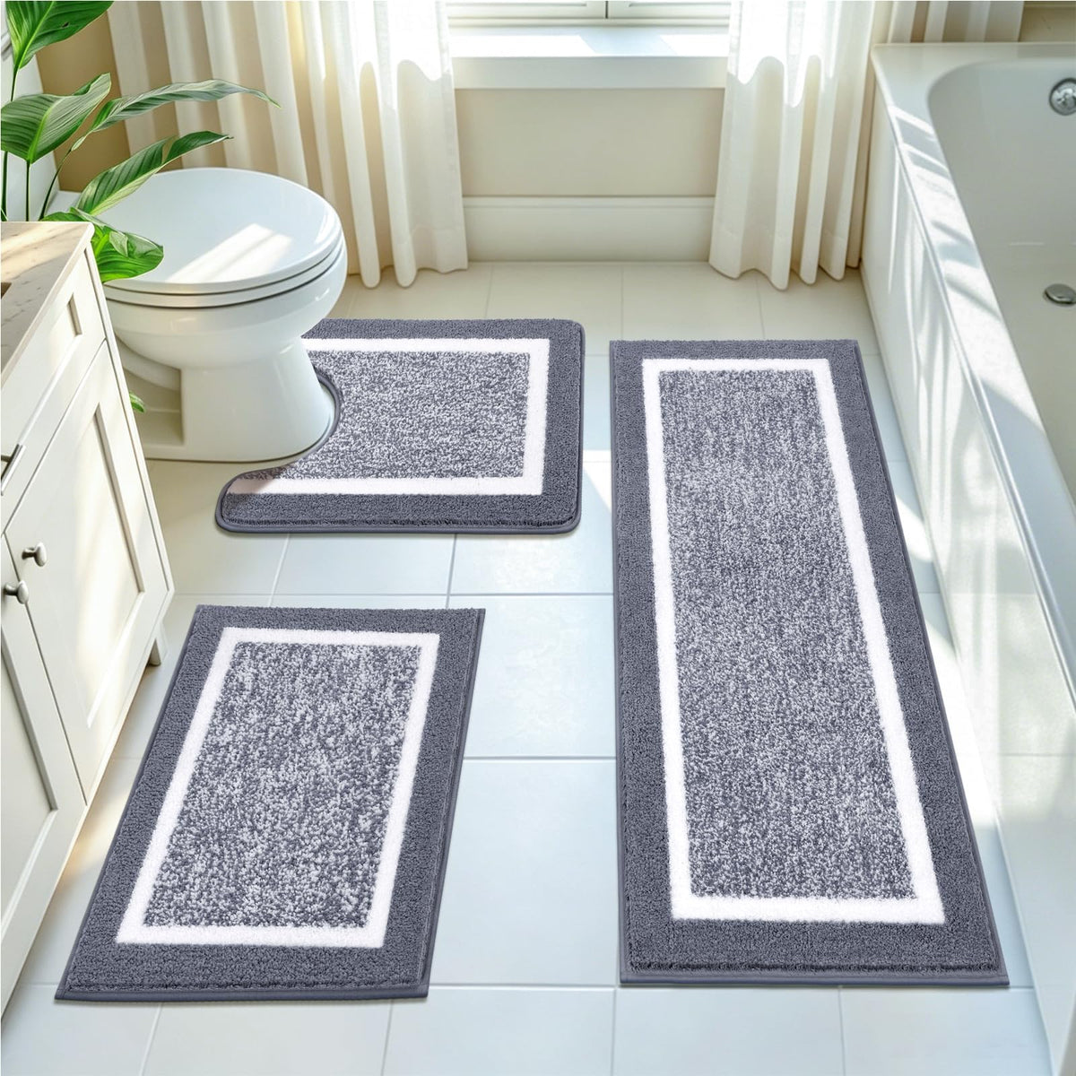 Pauwer Bathroom Rug Sets 3 Piece, Non Slip Washable Bath Mat, Black