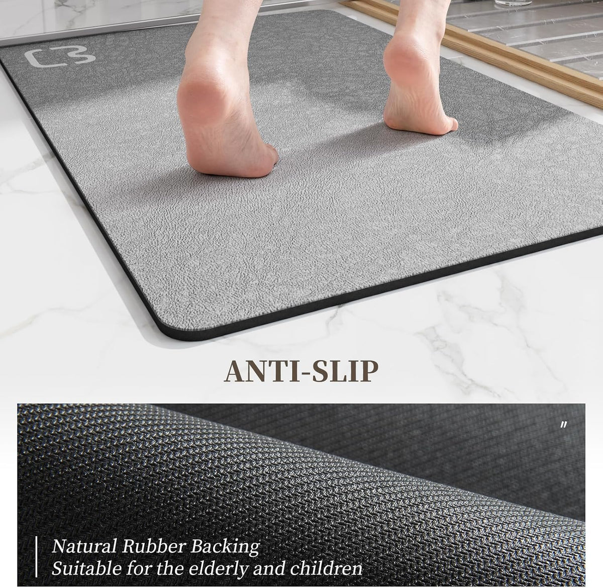 Diatomaceous Earth Bath Mat Stone Bath Mats for Bathroom,15.7"x23.6",Grey