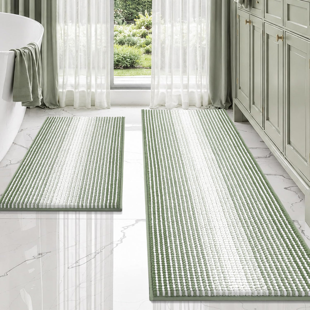 BSICPRO Bathroom Rugs Sets 2 Piece, Non Slip Striped Bath Mats, Aqua Green