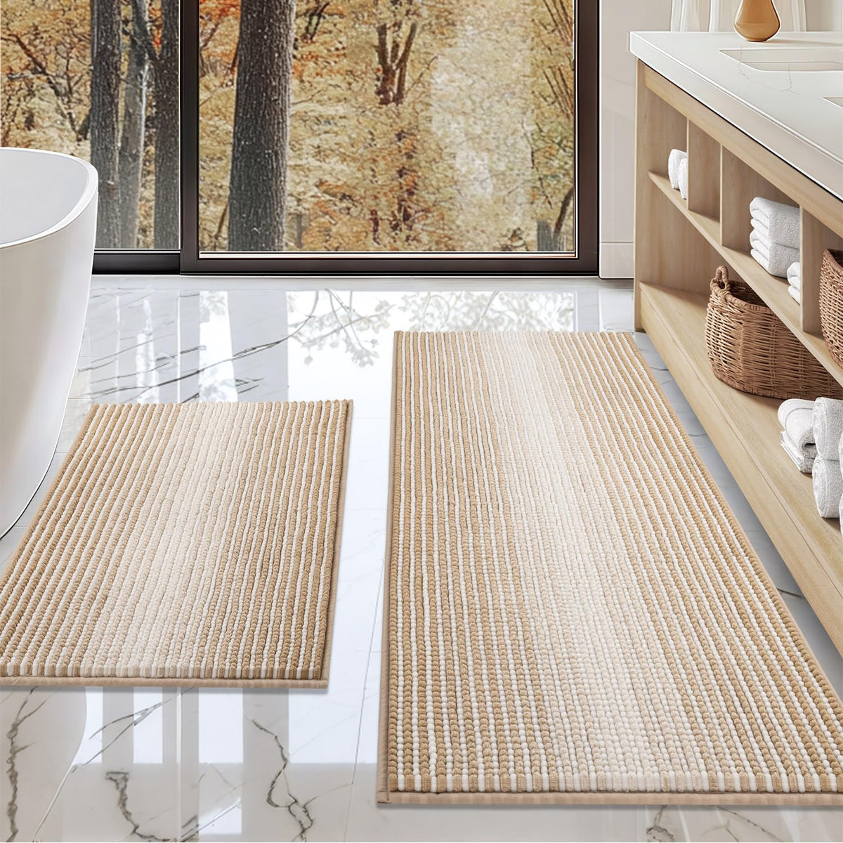BSICPRO Bathroom Rugs Sets 2 Piece, Non Slip Boho Bath Mats, Beige