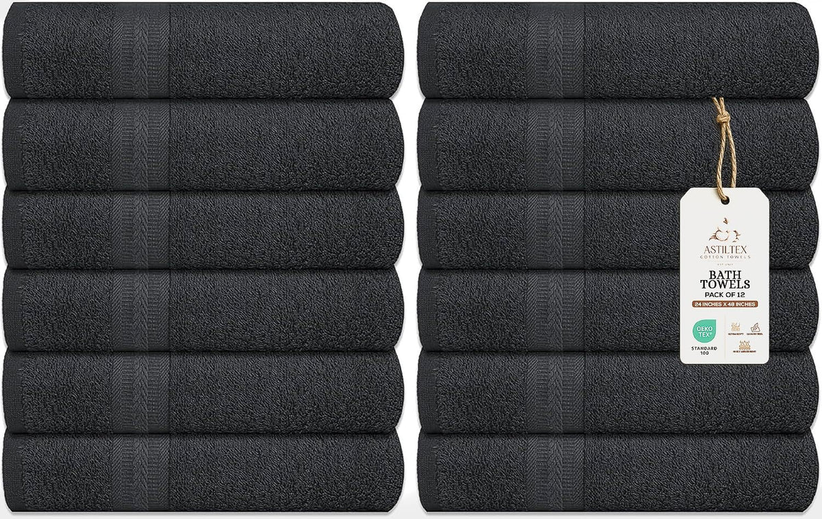 Bath Towels Pack of 6 – 24" x 48" – 100% Cotton Terry, Soft, Quick-Dry & Highly Absorbent – Black Towels for Bathroom, Spa, Gym, Hotel, Pool & Everyday Use