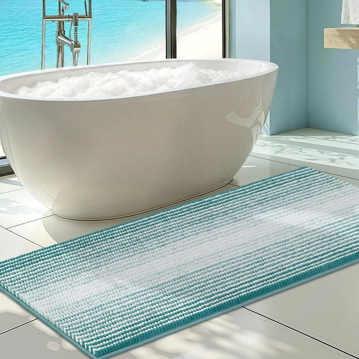 BSICPRO Bathroom Rugs Sets 2 Piece, Non Slip Striped Bath Mats, Aqua Green