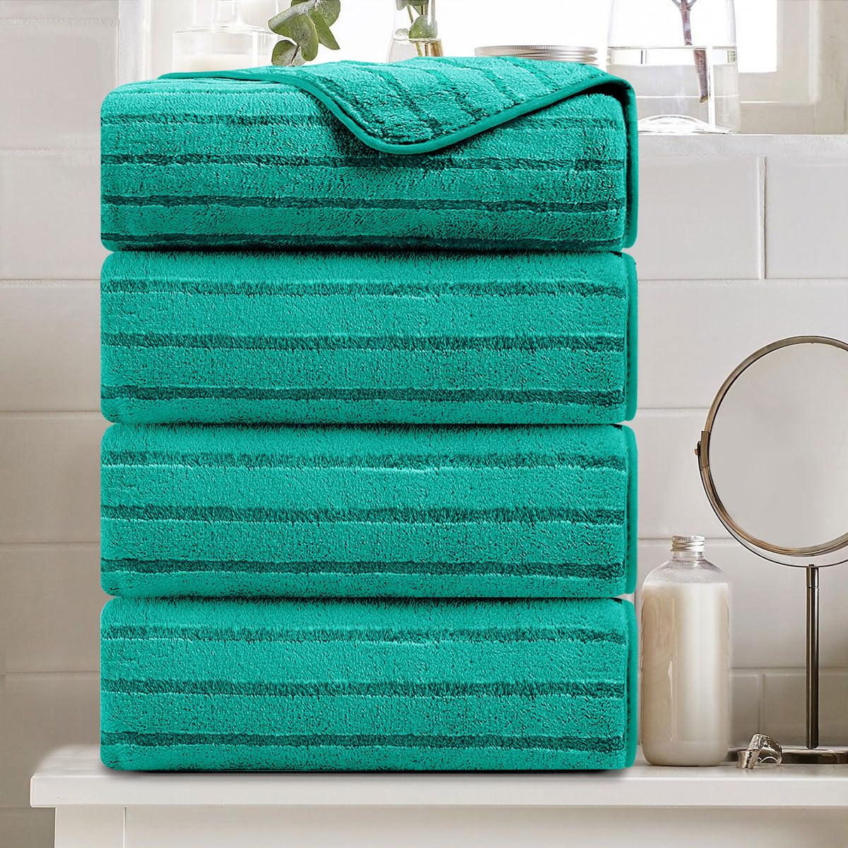 8 Pcs Brown Cabana Stripe Large Bath Towel Set-2 Bathroom Towels,2 Hand Towels,4 Washcloths Lightweight Soft Microfiber Bath Sheet Absorbent Shower Towel Quick Dry Beach Chair Spa Gym Hotel Towels