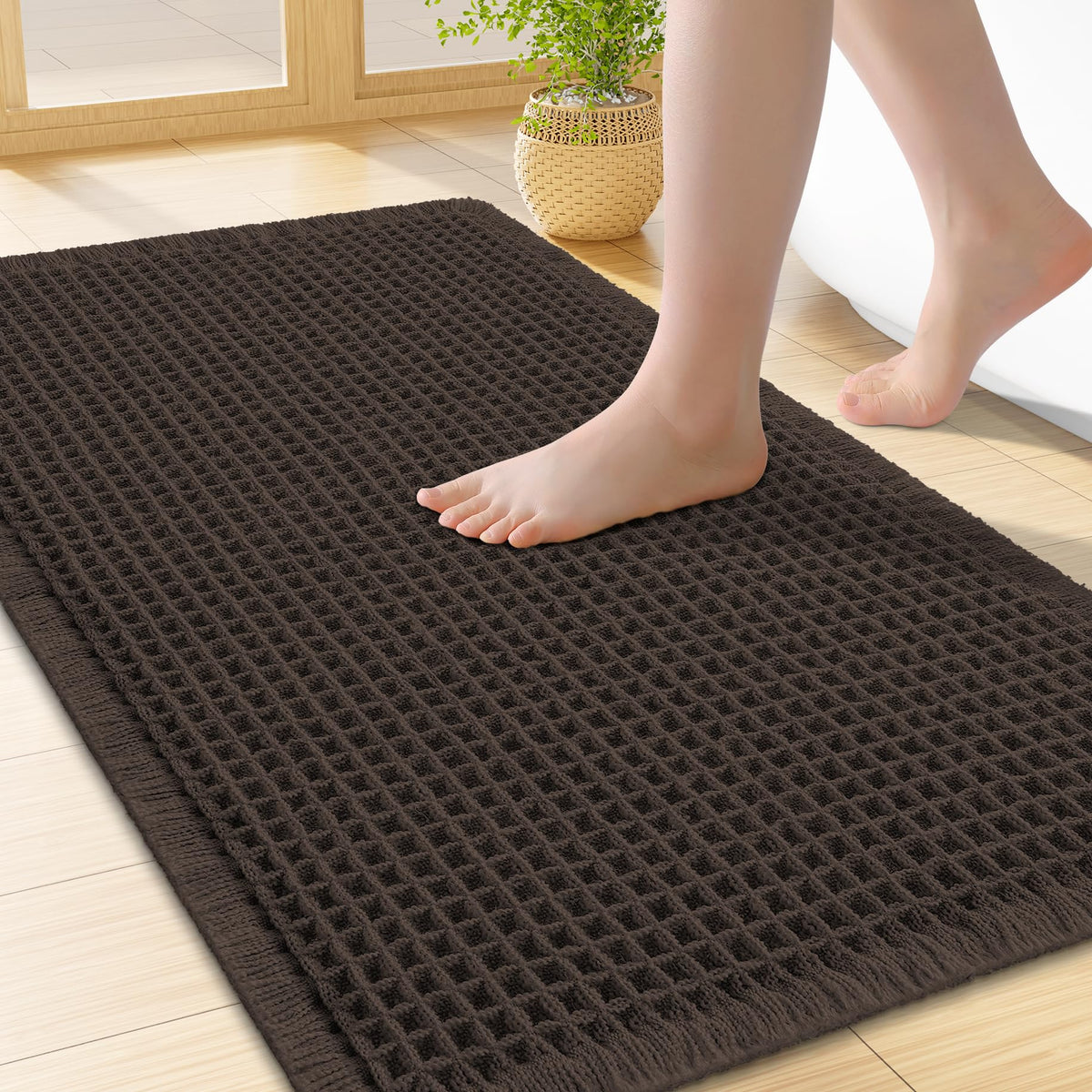Smiry Waffle Bath Mat 30X20, Extra Soft Absorbent Bathroom Rugs, Brown