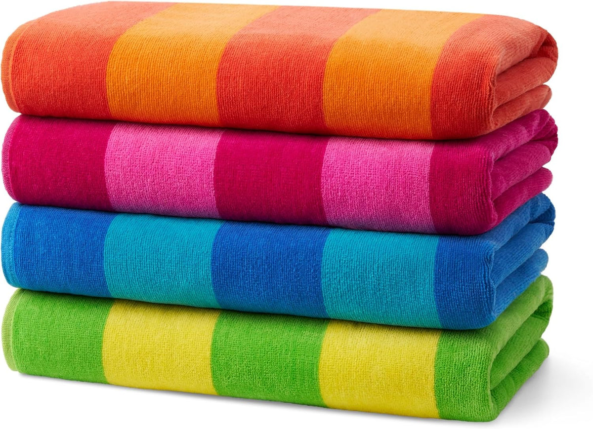 Kaufman - Soft Oversized Beach Towels in Bulk | 29" x 58" Velour Striped Towel | Absorbent, Quick-Drying | 100% Cotton Thick Towels (4 Pack)
