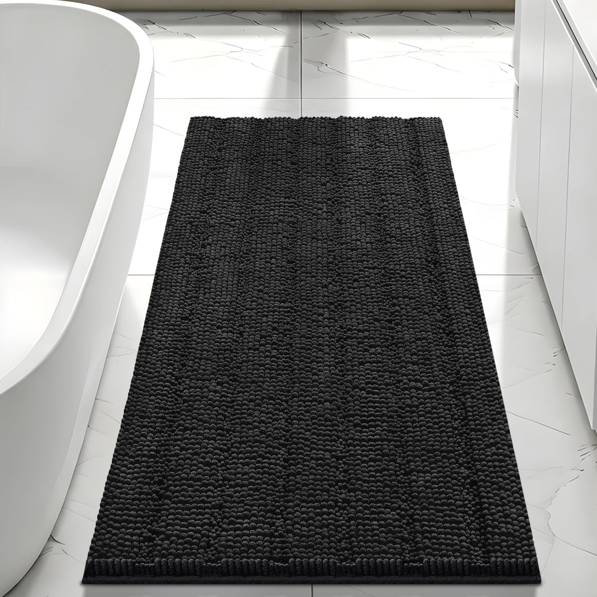 Bcoimo Small Bath Rug Mat,24x17 Chenille Non Slip Black Bathroom Floor Mats