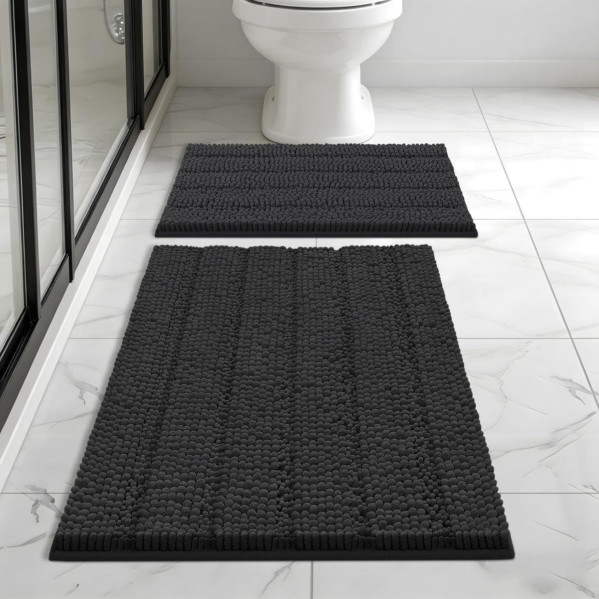 Bcoimo Small Bath Rug Mat,24x17 Chenille Non Slip Black Bathroom Floor Mats