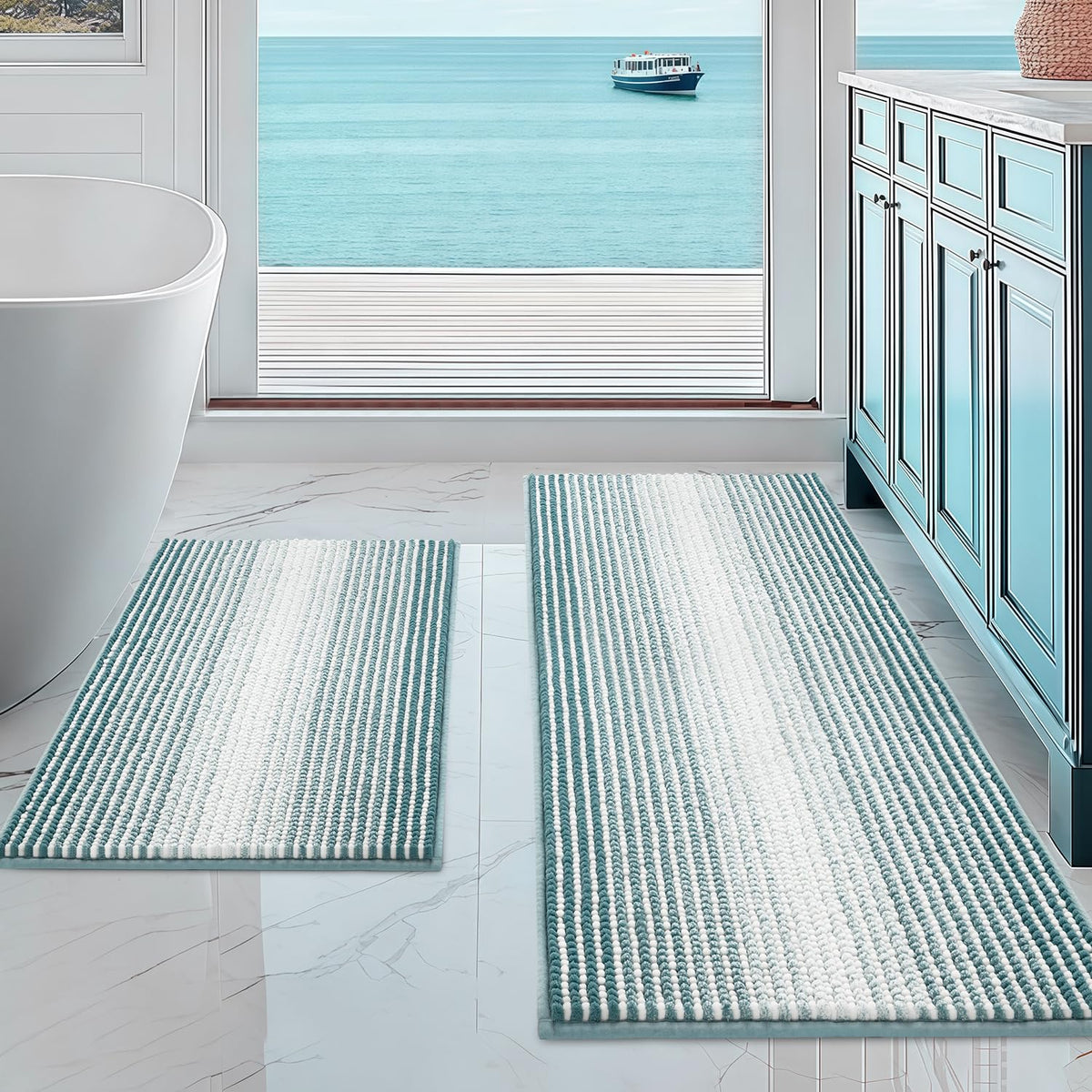 BSICPRO Bathroom Rugs Sets 2 Piece, Non Slip Boho Bath Mats, Beige