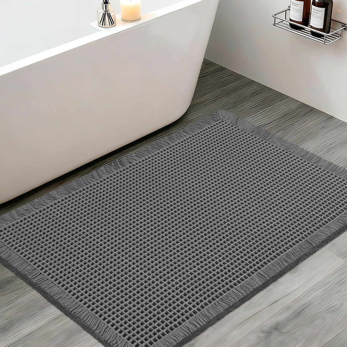 Upgraded Waffle Bath Mat Set 3 Piece Black-Looped, Super Absorbent Non-Slip Quick Dry Bathroom Rugs with Tassels, Machine Washable Ultra Soft Boho Bath Rugs for Floor, Toilet Mats Boho Farmhouse Decor