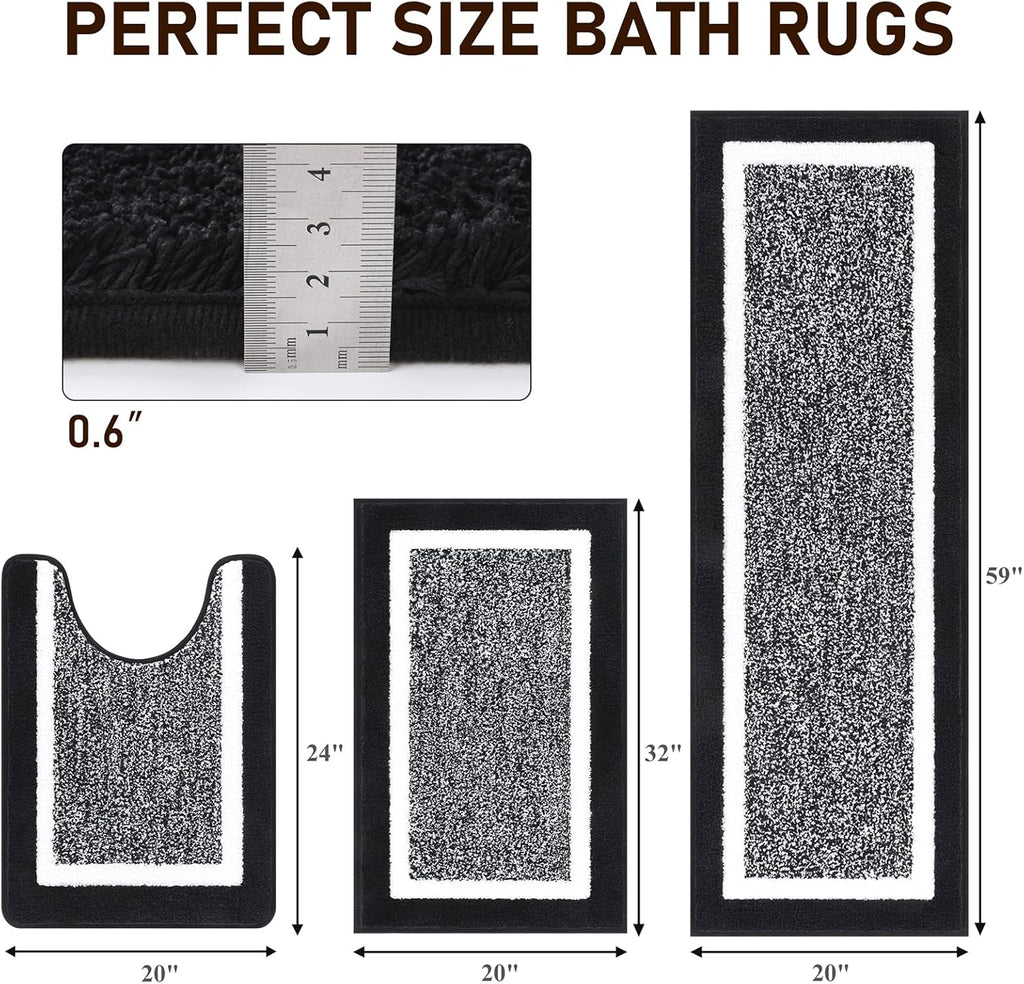 Pauwer Bathroom Rug Sets 3 Piece, Non Slip Washable Bath Mat, Black