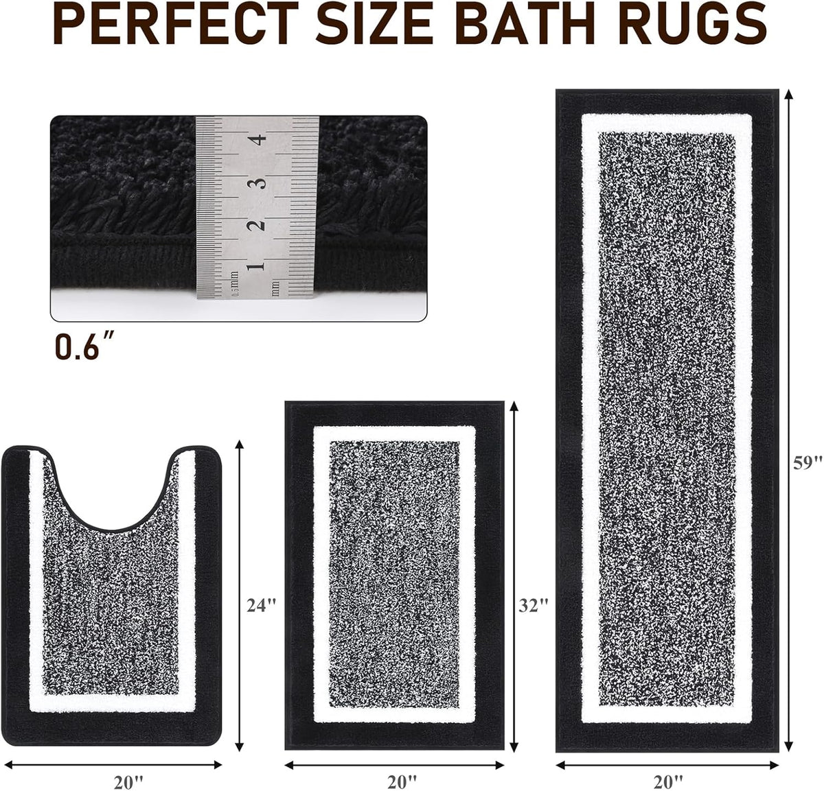 Pauwer Bathroom Rug Sets 3 Piece, Non Slip Washable Bath Mat, Black