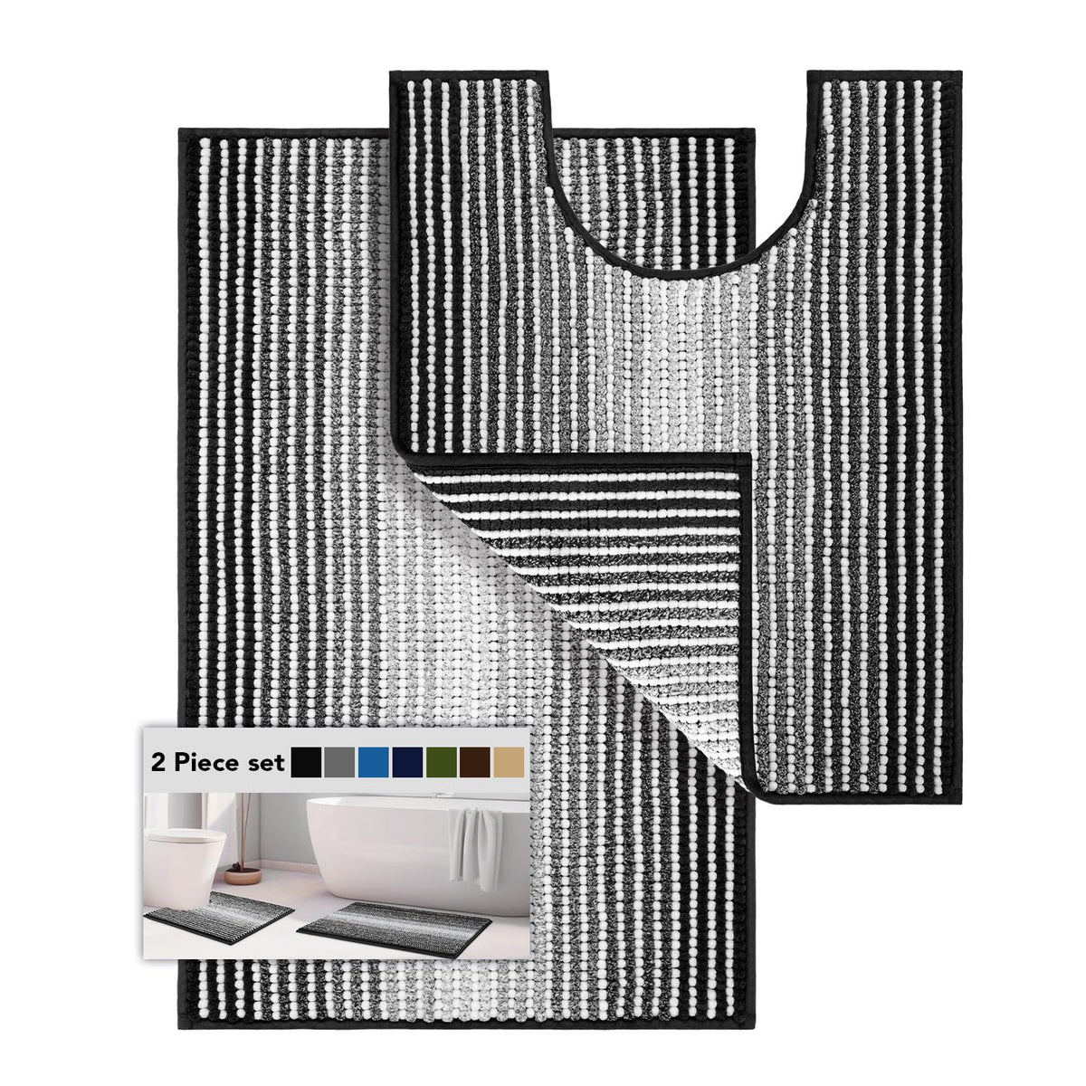 BSICPRO Bathroom Rugs Sets 2 Piece, Non Slip Striped Bath Mats, Aqua Green