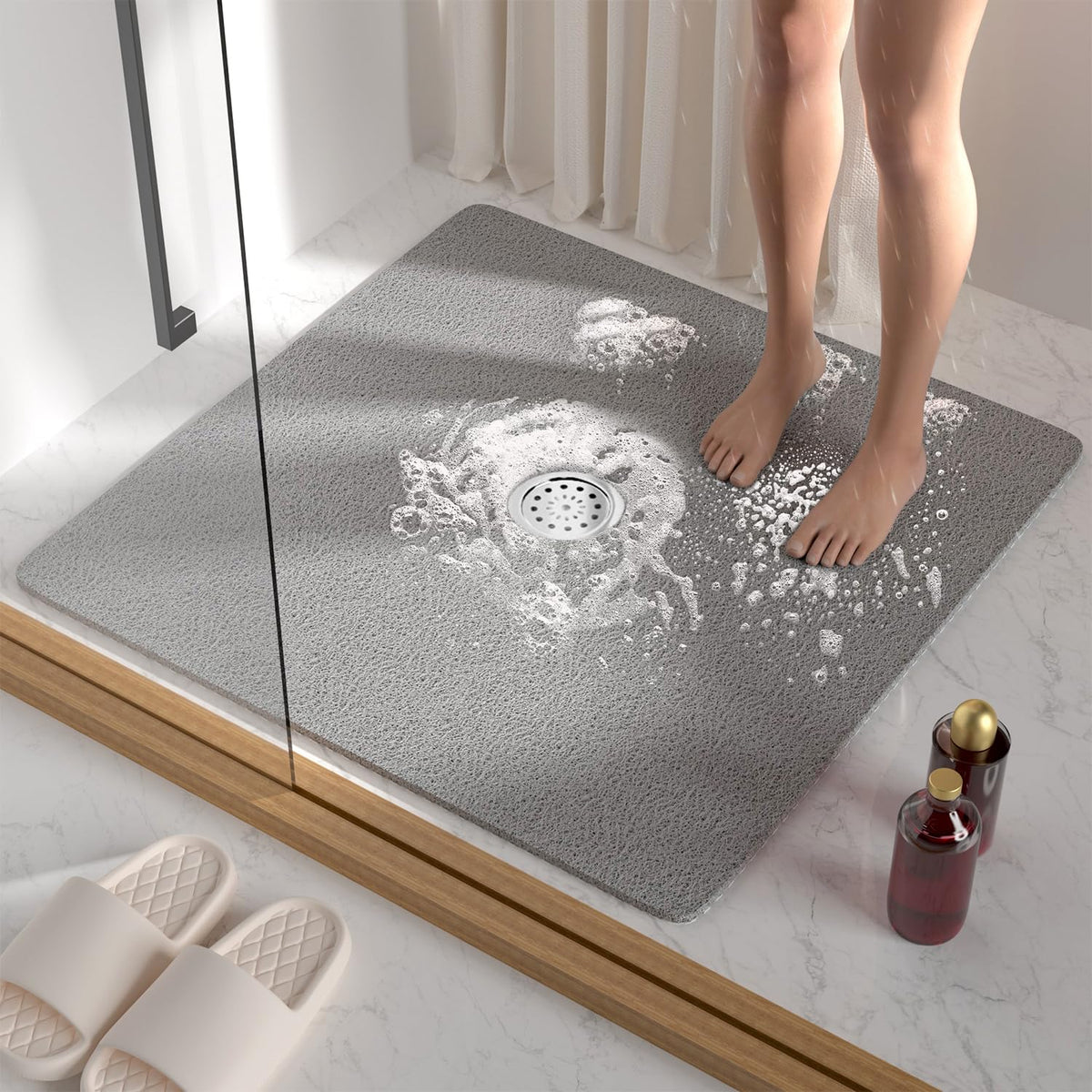 HITSLAM Square Shower Mat, 24 x 24 Inch Non Slip Bath Mat for Tub, Soft PVC Loofah Bathtub Mats with Drain Holes, Quick Drying Bathroom Stall Floor Mat, Bathroom Accessories Without Suction Cup, Grey