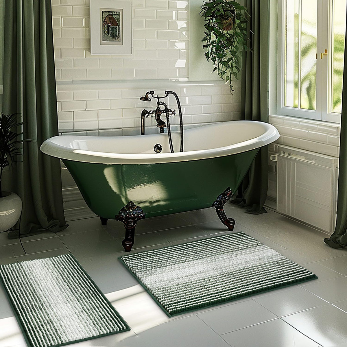 BSICPRO Bathroom Rugs Sets 2 Piece, Non Slip Striped Bath Mats, Aqua Green