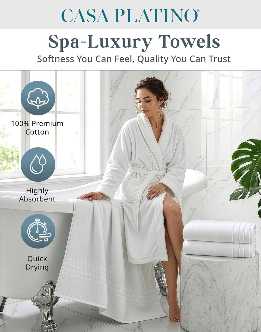 Casa Platino Bath Towels 100% Cotton 2 Piece Soft Absorbent - White