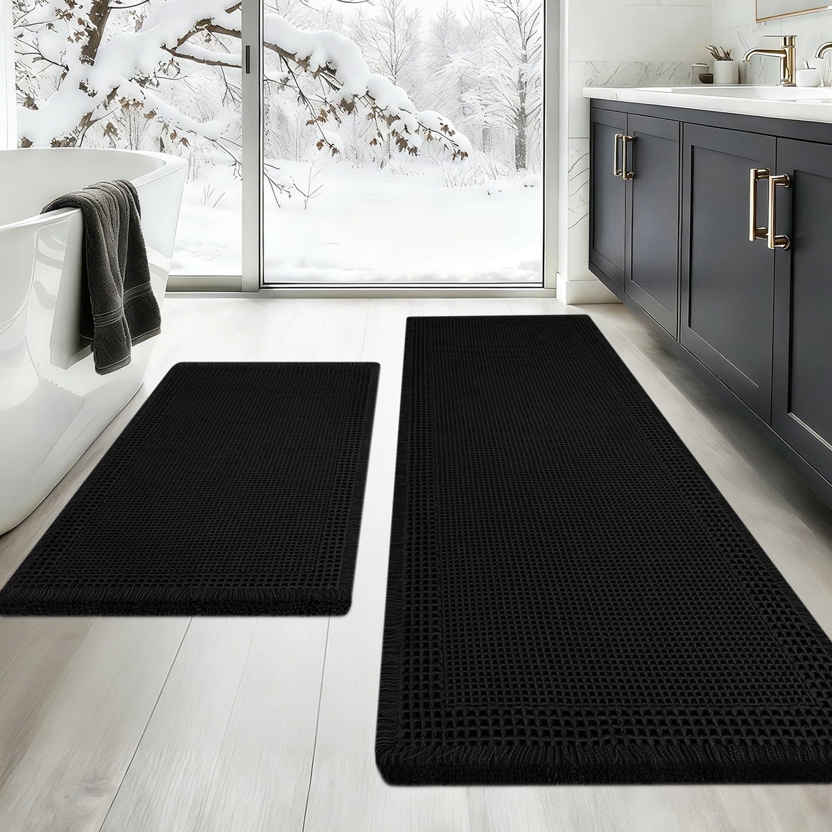 Upgraded Waffle Bath Mat Set 3 Piece Black-Looped, Super Absorbent Non-Slip Quick Dry Bathroom Rugs with Tassels, Machine Washable Ultra Soft Boho Bath Rugs for Floor, Toilet Mats Boho Farmhouse Decor