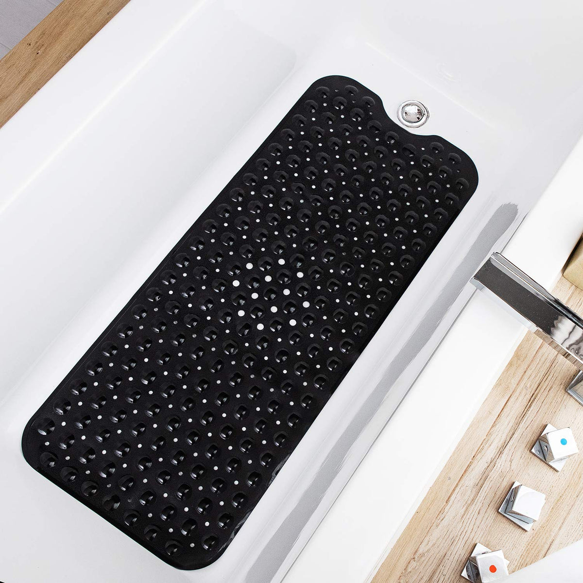 TEESHLY Bathtub Mats for Shower Tub, Extra Long Non-Slip 39 x 16 Inch Bath Mat with Drain Holes and Suction Cups, BathMat for Bathroom with Machine Washable (Clear Grey)
