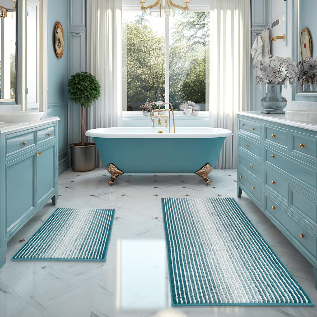 BSICPRO Bathroom Rugs Sets 2 Piece, Non Slip Striped Bath Mats, Aqua Green