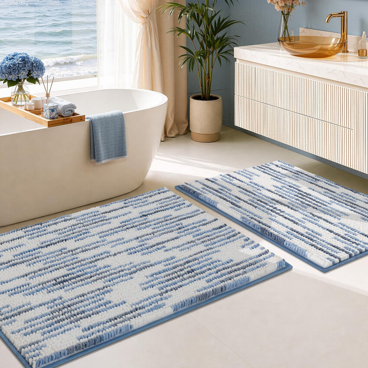 BSICPRO Bathroom Rugs Sets 2 Piece, Non Slip Striped Bath Mats, Aqua Green