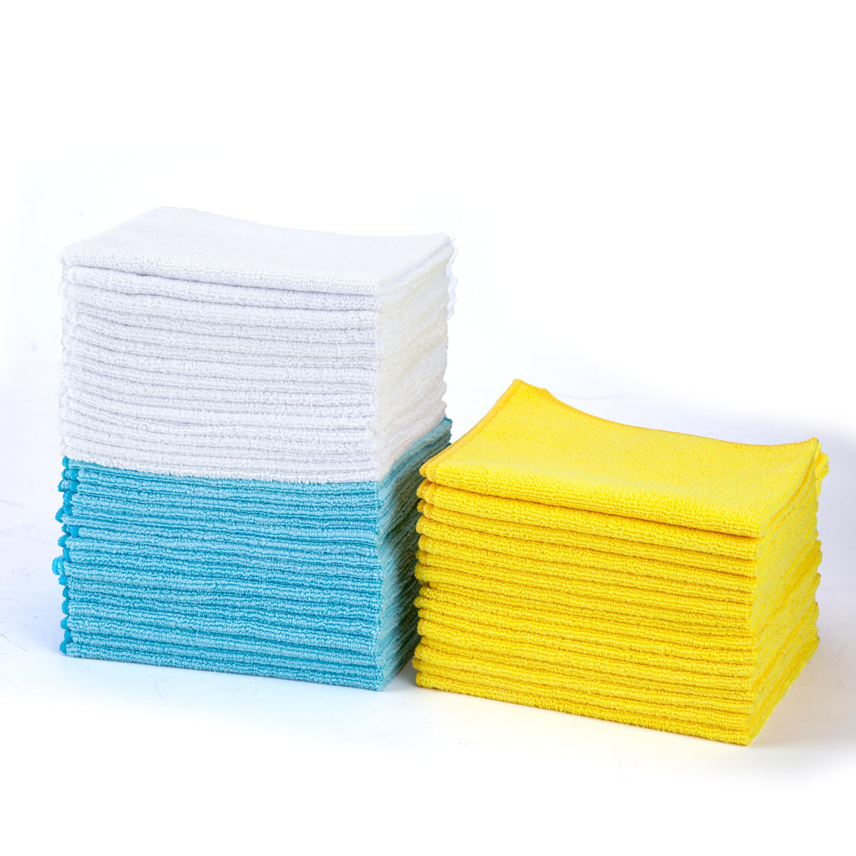 Amazon Basics Microfiber Cleaning Cloths for Cars, Non-Abrasive, Highly Absorbent, Lint and Scratch-Free, Reusable and Washable, Car Detailing Towels, 16" x 12", Blue/White/Yellow, 144-Pack