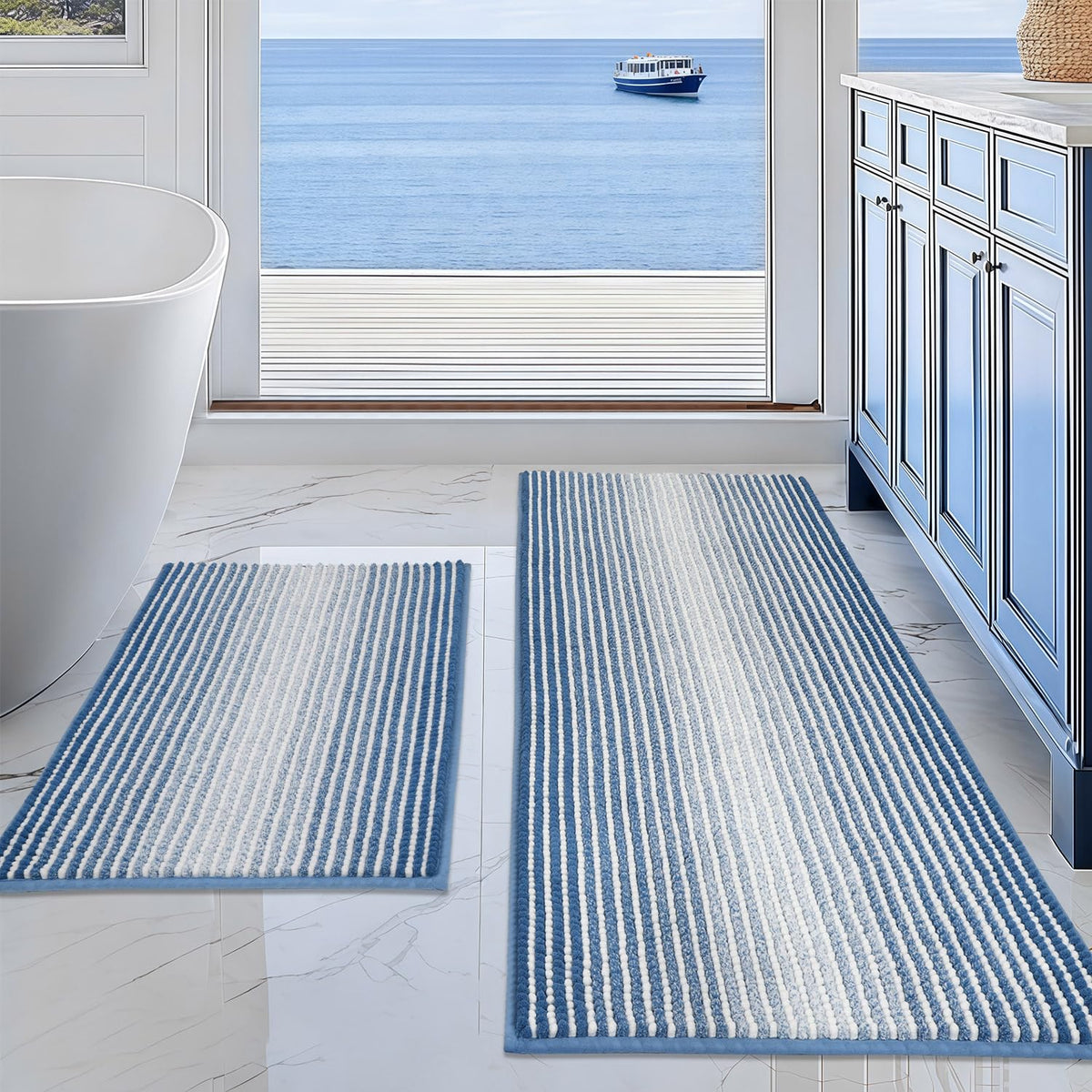BSICPRO Bathroom Rugs Sets 2 Piece, Non Slip Striped Bath Mats, Aqua Green