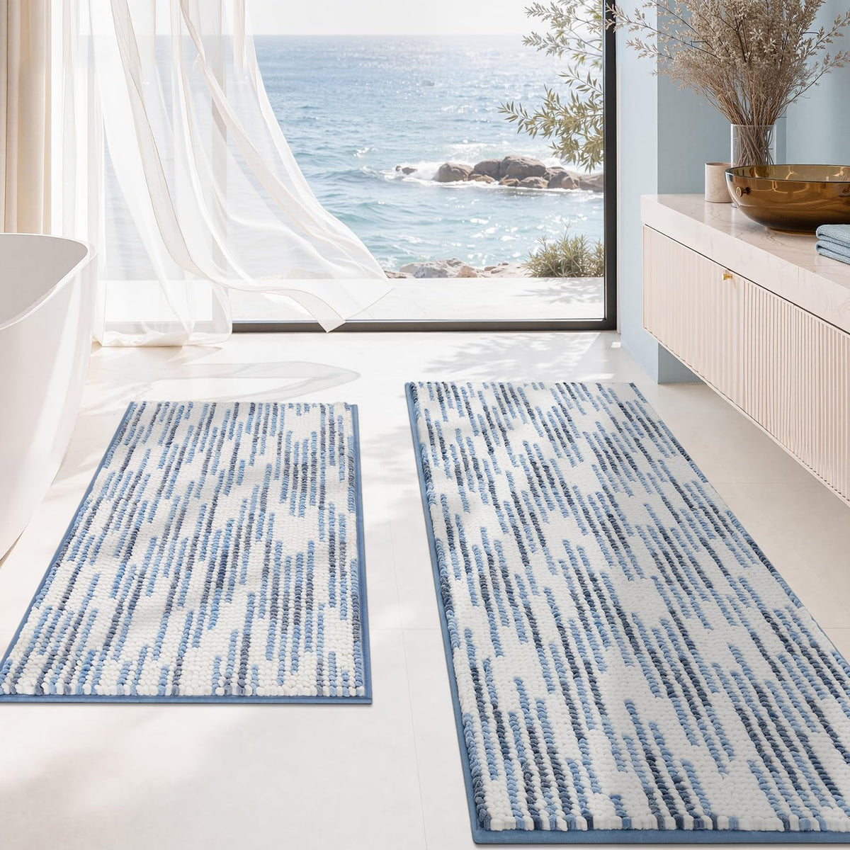 BSICPRO Bathroom Rugs Sets 2 Piece, Non Slip Striped Bath Mats, Aqua Green