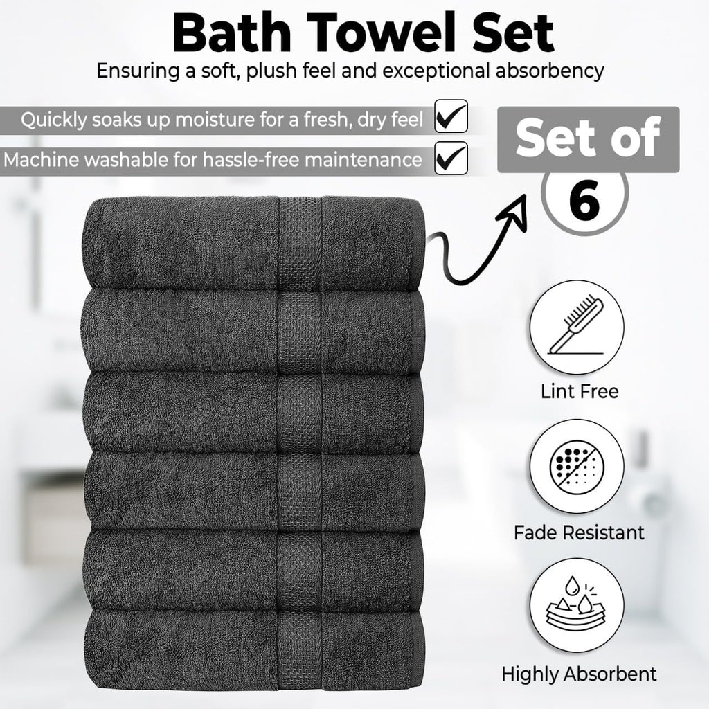 QUBA LINEN Hotel & Spa 100% Cotton Bath Towels Pack of 6, Ultra Soft, Quick Dry, Lightweight, Highly Absorbent, Perfect for Face, Hands, Spa, Gym, Hotel, Resort & Daily Use - Grey (24" x 48")
