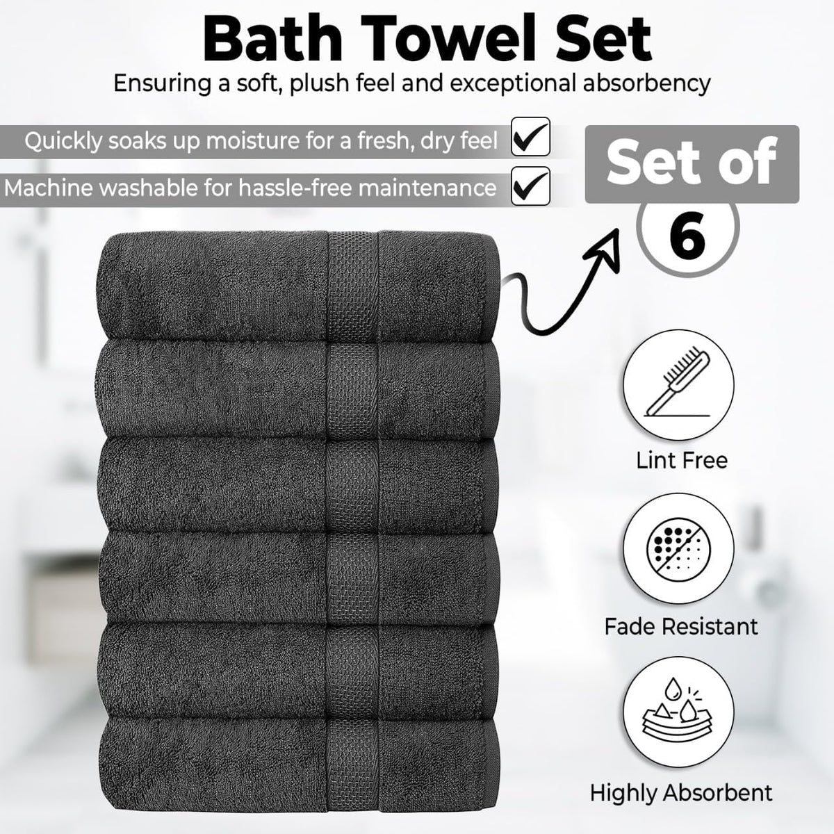 QUBA LINEN Hotel & Spa 100% Cotton Bath Towels Pack of 6, Ultra Soft, Quick Dry, Lightweight, Highly Absorbent, Perfect for Face, Hands, Spa, Gym, Hotel, Resort & Daily Use - Grey (24" x 48")