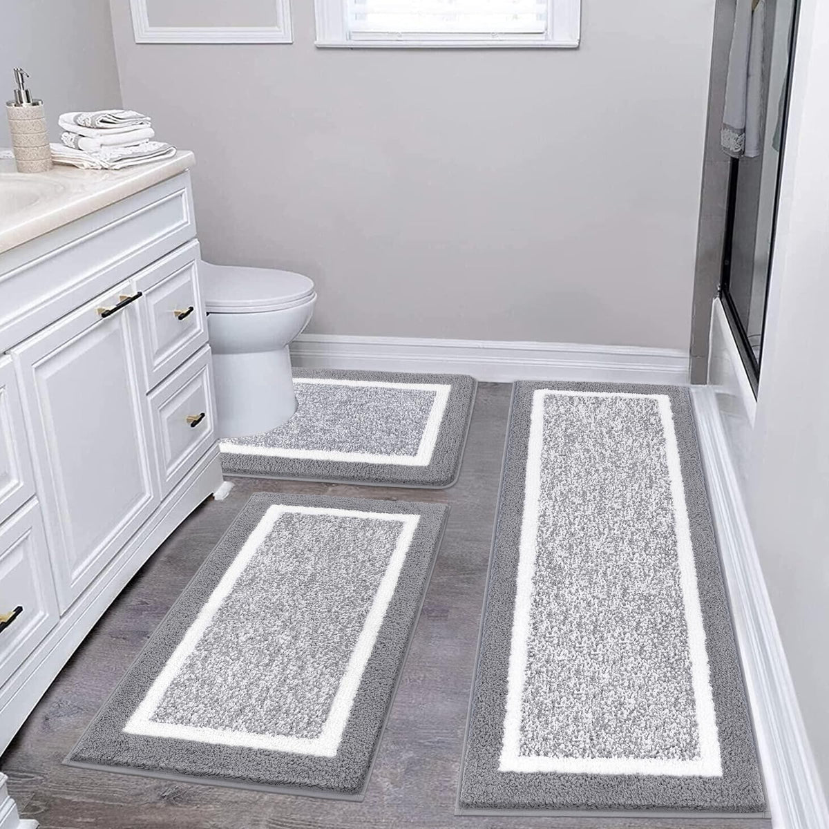 Pauwer Bathroom Rug Sets 3 Piece, Non Slip Washable Bath Mat, Black