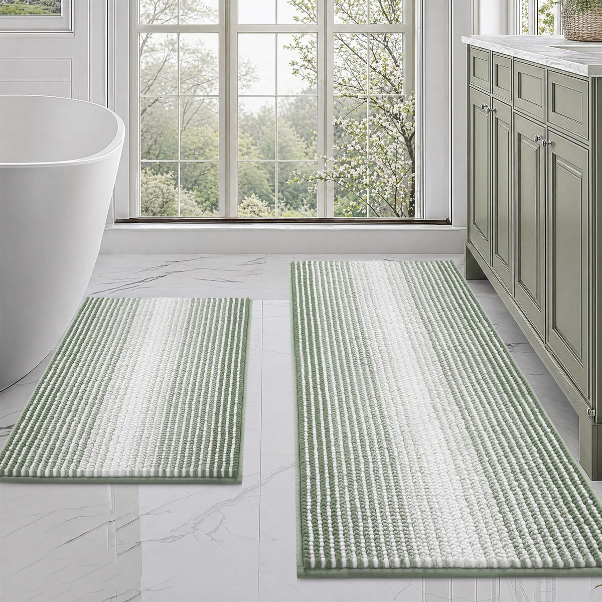 BSICPRO Bathroom Rugs Sets 2 Piece, Non Slip Striped Bath Mats, Aqua Green