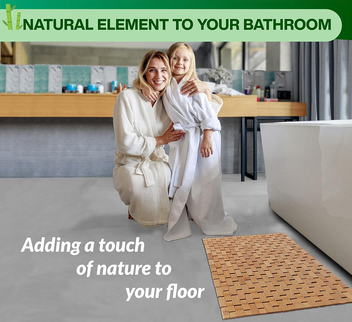 Bamboo Bath Mat, 34 x 18 Inch Foldable Roll-Up Wood Bathmat